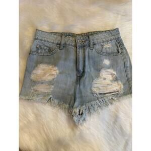 BDG Women's Size 26 Light Blue Super High Rise Cheeky Distressed Shorts‎